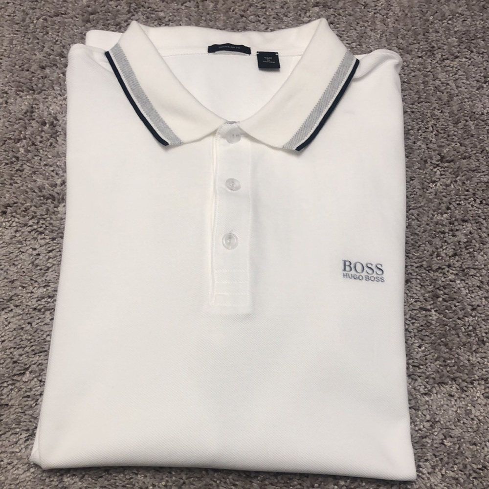 Hugo Boss Mens Polo Sz XXL White /Black /Gray Trim